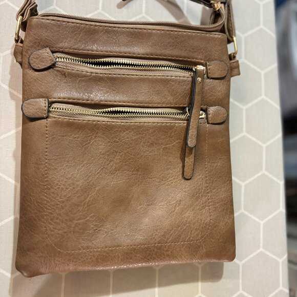 Crossbody Purse Shoulder Bag, Slouchy. Zippered, pockets, dark camel color - Picture 2 of 15